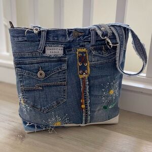 Denim Hand embroidery patchwork shoulder bag-Sashiko inspired one of a kind